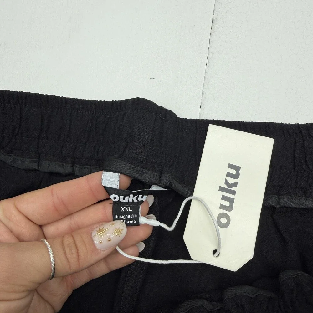 Ouku Jogger Pants Mens XXL Black Linen Cotton Relaxed Fit Drawstring Cuffed